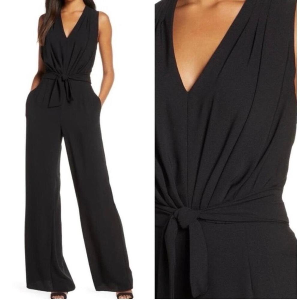 Gal Meets Glam Jumpsuit Womens 16 Black Wide Leg V-Neck Minimalist Career Party